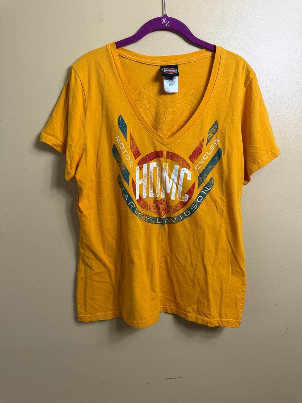 Harley Davidson Womens XXL Yellow V-Neck Graphic T-Shirt Bumpus Memphis TN HDMC